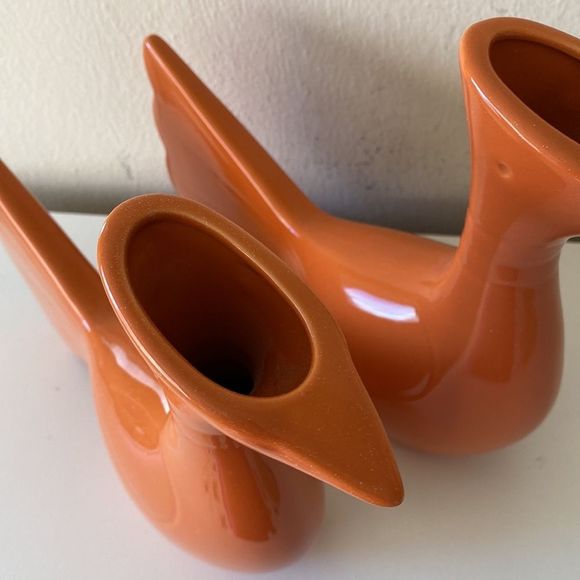 Set Of 2 Global Views Orange Mod Art Deco Bird Vases - Picture 8 of 11